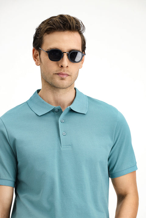 Moss Green Polo Collar Regular Fit Embroidered Cotton T-Shirt