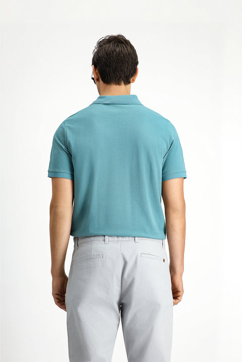 Moss Green Polo Collar Regular Fit Embroidered Cotton T-Shirt
