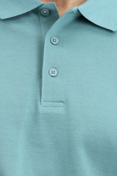 Moss Green Polo Collar Regular Fit Embroidered Cotton T-Shirt