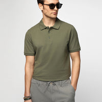 Medium Khaki Polo Collar Regular Fit Embroidered Cotton T-shirt
