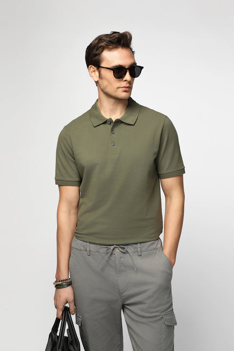 Medium Khaki Polo Collar Regular Fit Embroidered Cotton T-shirt