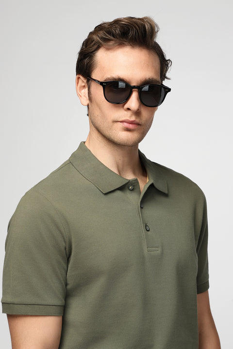 Medium Khaki Polo Collar Regular Fit Embroidered Cotton T-shirt