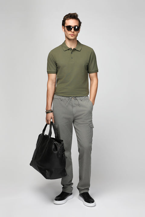 Medium Khaki Polo Collar Regular Fit Embroidered Cotton T-shirt