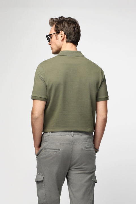 Medium Khaki Polo Collar Regular Fit Embroidered Cotton T-shirt