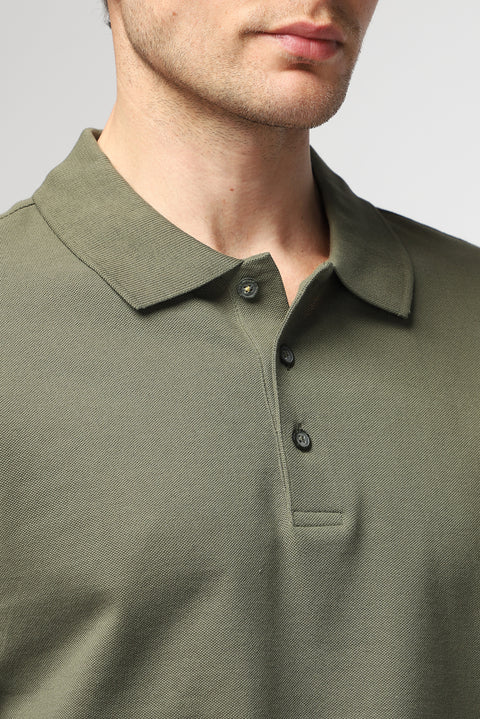 Medium Khaki Polo Collar Regular Fit Embroidered Cotton T-shirt