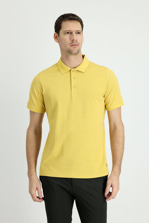 Yellow Polo Collar Regular Fit Embroidered Cotton T-shirt