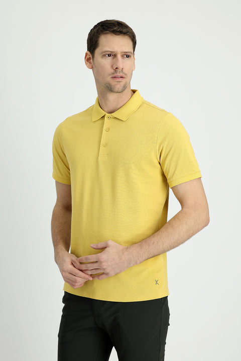 Yellow Polo Collar Regular Fit Embroidered Cotton T-shirt