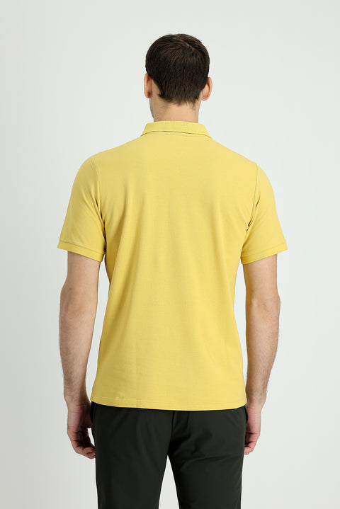 Yellow Polo Collar Regular Fit Embroidered Cotton T-shirt
