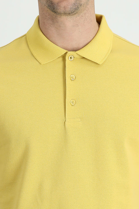 Yellow Polo Collar Regular Fit Embroidered Cotton T-shirt