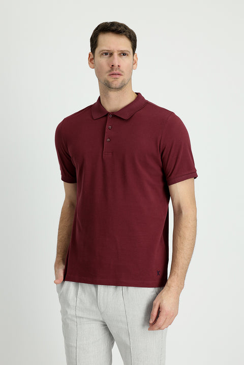 Dark Burgundy Polo Collar Regular Fit Embroidered Cotton T-shirt