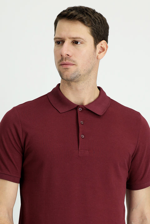 Dark Burgundy Polo Collar Regular Fit Embroidered Cotton T-shirt