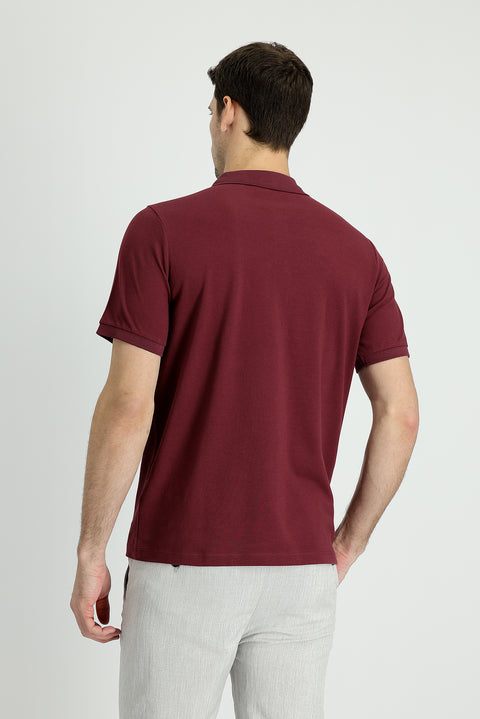 Dark Burgundy Polo Collar Regular Fit Embroidered Cotton T-shirt