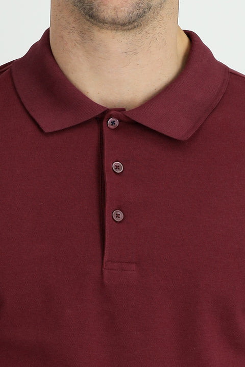 Dark Burgundy Polo Collar Regular Fit Embroidered Cotton T-shirt