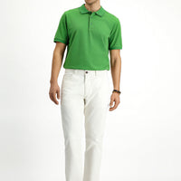 Grass Green Polo Collar Regular Fit Embroidered Cotton T-Shirt