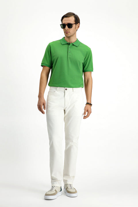 Grass Green Polo Collar Regular Fit Embroidered Cotton T-Shirt