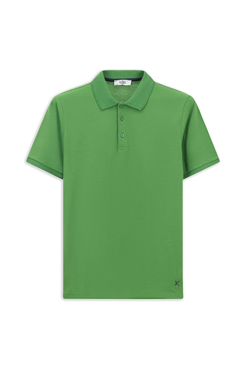 Grass Green Polo Collar Regular Fit Embroidered Cotton T-Shirt