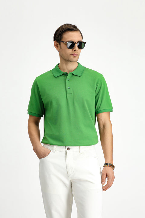Grass Green Polo Collar Regular Fit Embroidered Cotton T-Shirt