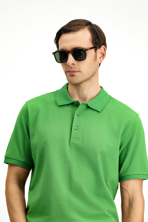 Grass Green Polo Collar Regular Fit Embroidered Cotton T-Shirt
