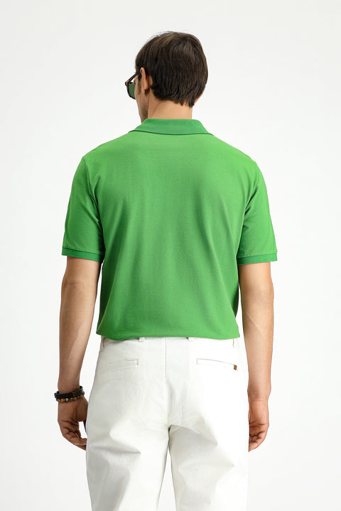 Grass Green Polo Collar Regular Fit Embroidered Cotton T-Shirt