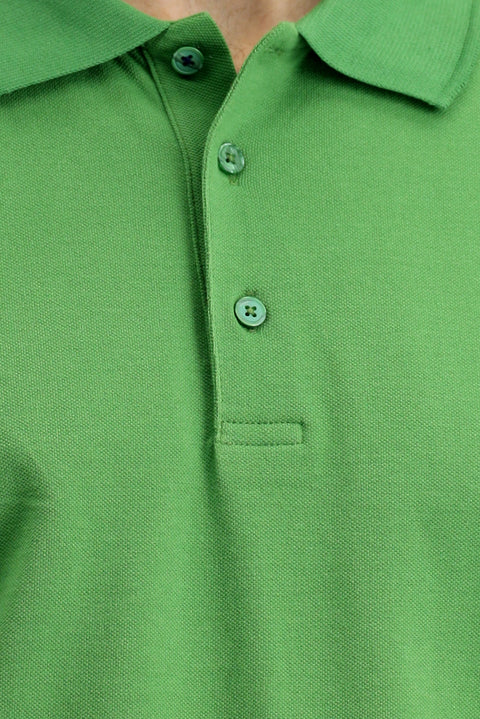 Grass Green Polo Collar Regular Fit Embroidered Cotton T-Shirt