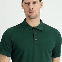 Dark Green Polo Collar Regular Fit Embroidered Cotton T-Shirt