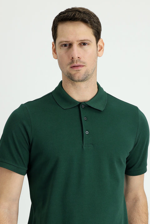 Dark Green Polo Collar Regular Fit Embroidered Cotton T-Shirt