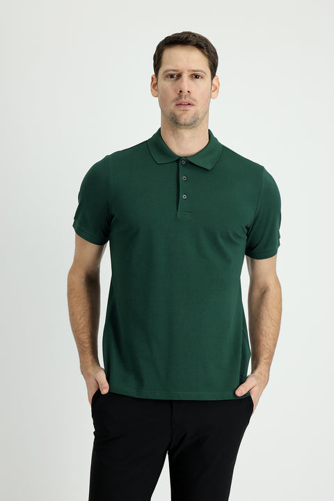 Dark Green Polo Collar Regular Fit Embroidered Cotton T-Shirt