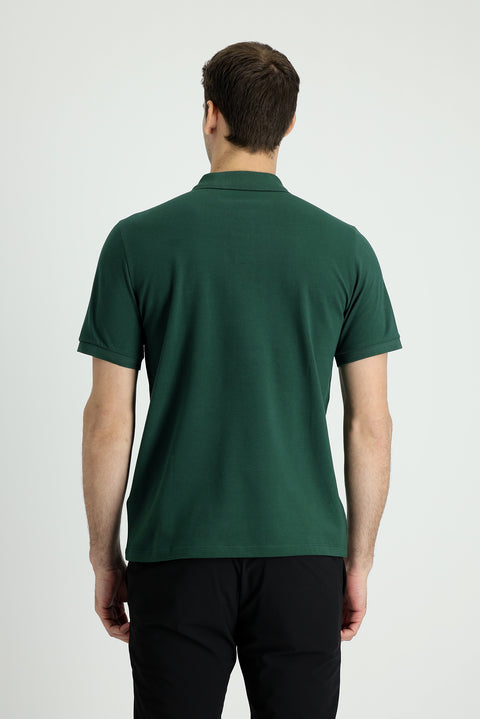 Dark Green Polo Collar Regular Fit Embroidered Cotton T-Shirt