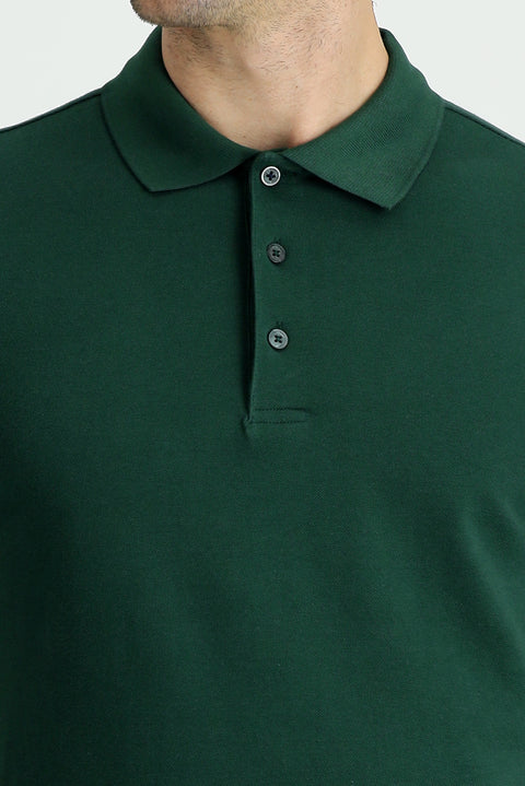 Dark Green Polo Collar Regular Fit Embroidered Cotton T-Shirt
