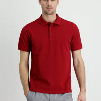 Dark Red Polo Collar Regular Fit Embroidered Cotton T-Shirt