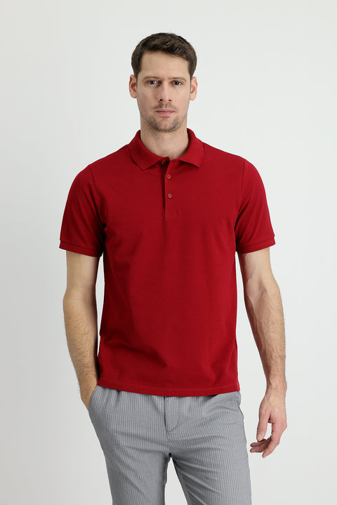 Dark Red Polo Collar Regular Fit Embroidered Cotton T-Shirt