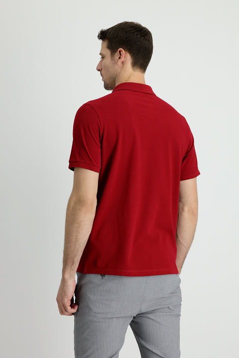 Dark Red Polo Collar Regular Fit Embroidered Cotton T-Shirt