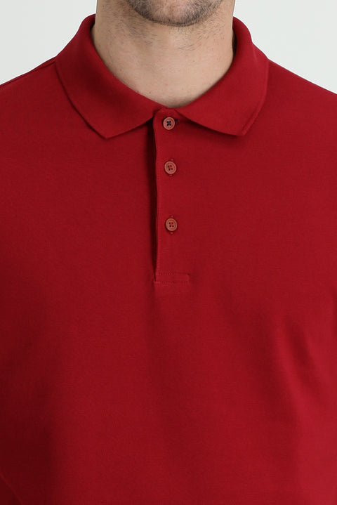 Dark Red Polo Collar Regular Fit Embroidered Cotton T-Shirt