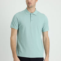 Aqua Green Polo Collar Regular Fit Embroidered Cotton T-Shirt