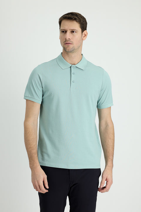 Aqua Green Polo Collar Regular Fit Embroidered Cotton T-Shirt