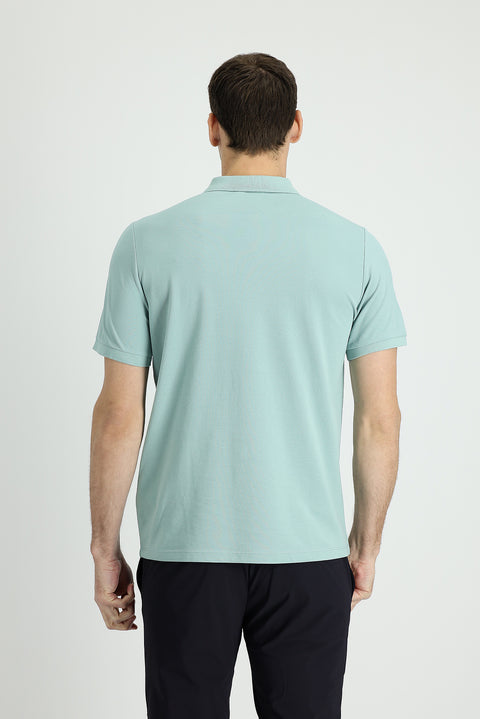 Aqua Green Polo Collar Regular Fit Embroidered Cotton T-Shirt