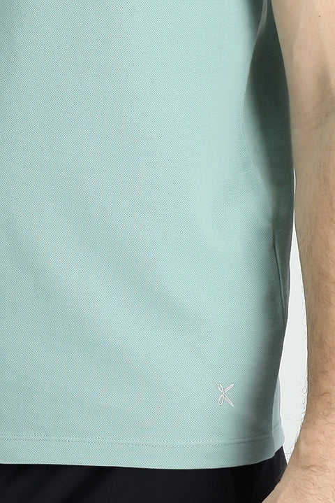 Aqua Green Polo Collar Regular Fit Embroidered Cotton T-Shirt