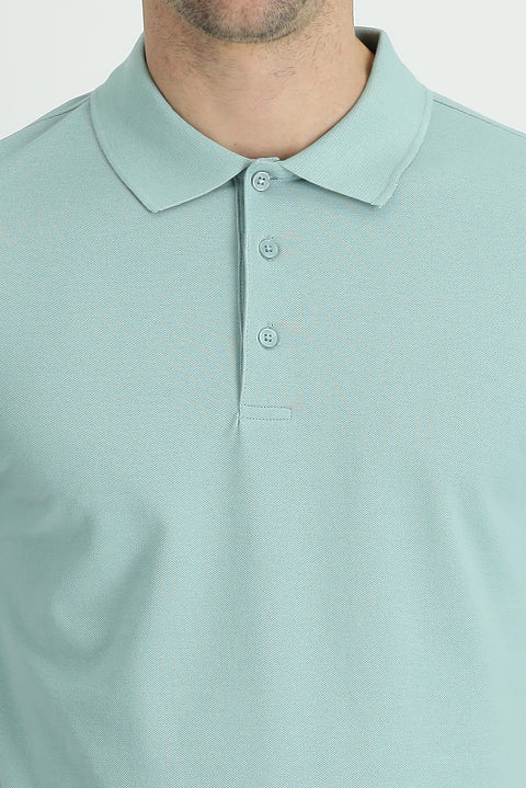 Aqua Green Polo Collar Regular Fit Embroidered Cotton T-Shirt
