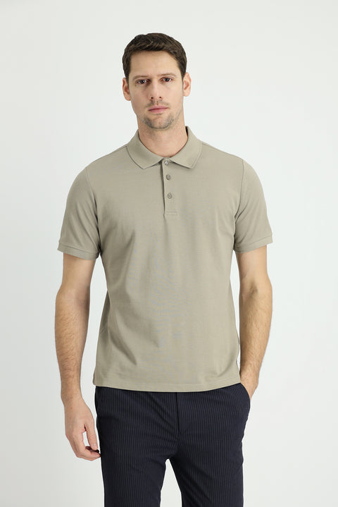 Medium Mink Polo Collar Regular Fit Embroidered Cotton T-Shirt