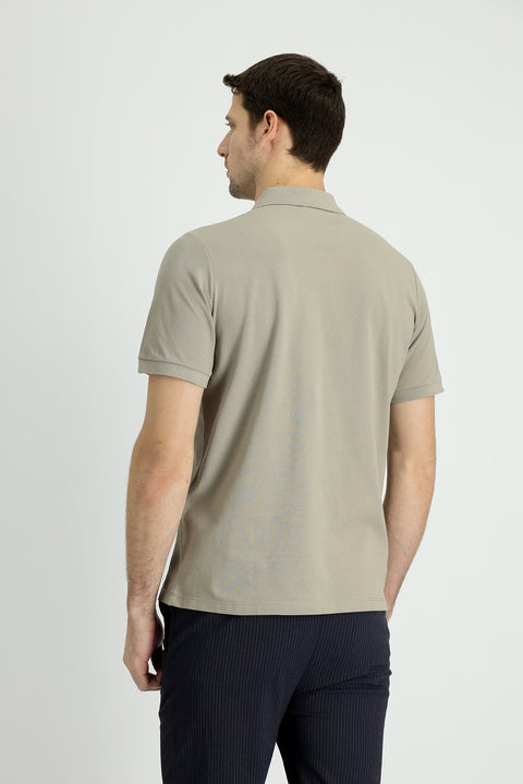 Medium Mink Polo Collar Regular Fit Embroidered Cotton T-Shirt