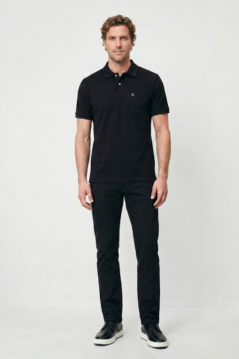 Siyah Polo Yaka Regular Fit Cepli Nakışlı %100 Pamuk Tişört