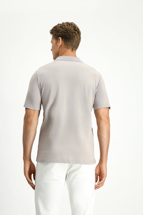 Medium Grey Polo Collar Regular Fit Pocketed Embroidered 100% Cotton T-shirt