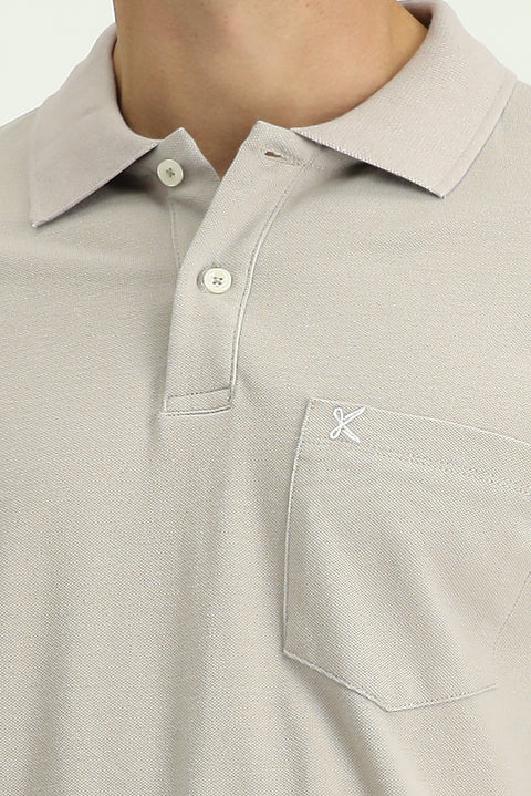 Medium Grey Polo Collar Regular Fit Pocketed Embroidered 100% Cotton T-shirt