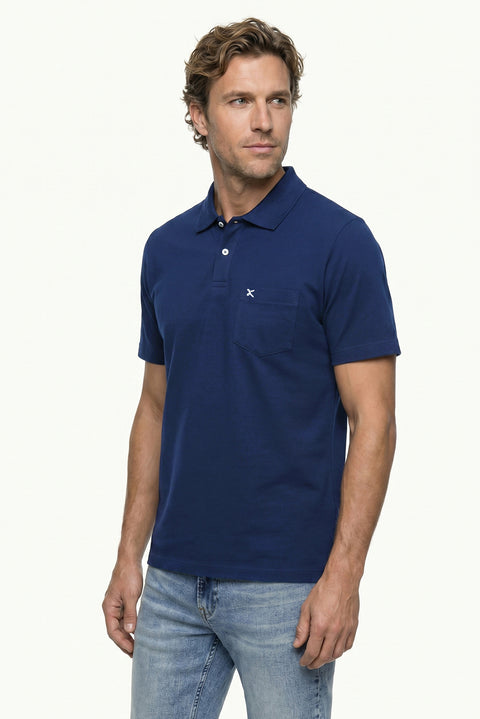 Medium Navy Polo Collar Regular Fit Pocketed Embroidered 100% Cotton T-shirt