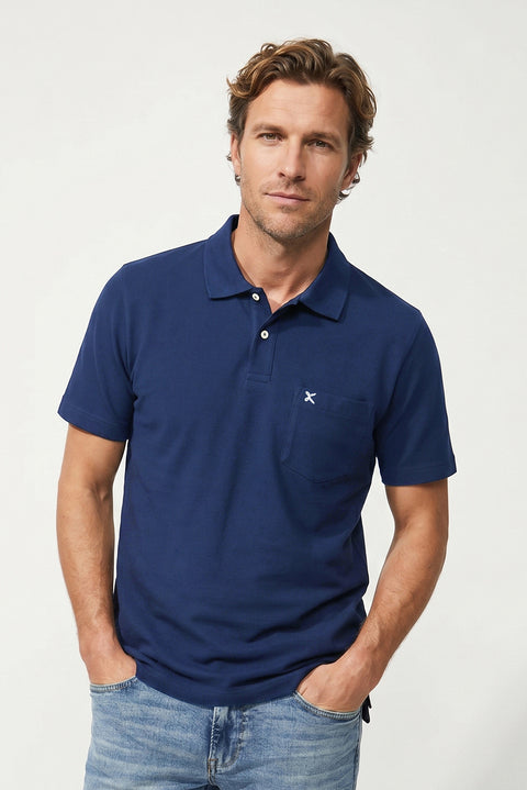 Medium Navy Polo Collar Regular Fit Pocketed Embroidered 100% Cotton T-shirt