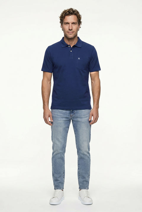 Medium Navy Polo Collar Regular Fit Pocketed Embroidered 100% Cotton T-shirt
