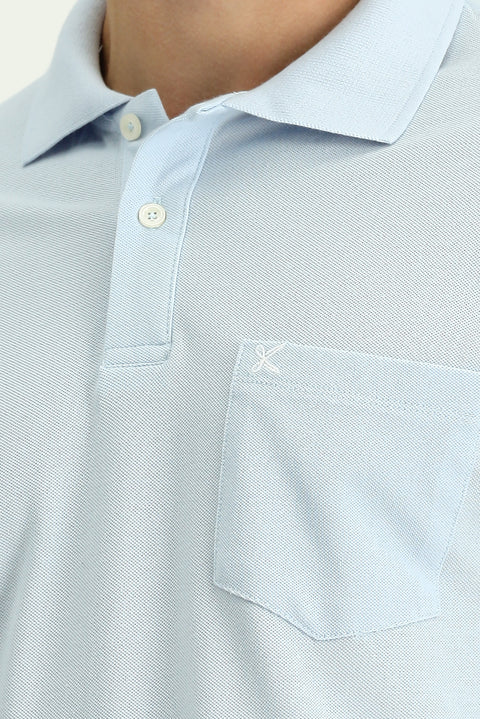 Light Blue Polo Collar Regular Fit Pocketed Embroidered 100% Cotton T-shirt