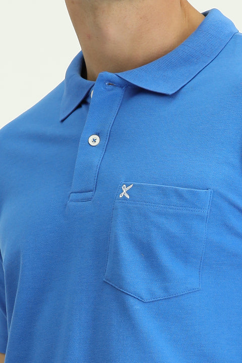 Navy Blue Polo Collar Regular Fit Pocketed Embroidered 100% Cotton T-shirt