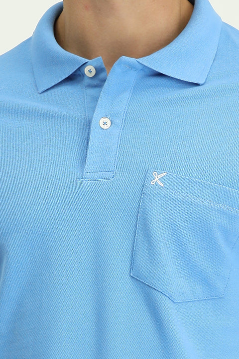 Dark Blue Polo Collar Regular Fit Pocketed Embroidered 100% Cotton T-shirt