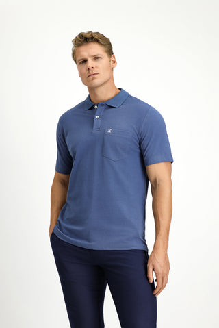  İndigo Polo Yaka Regular Fit Cepli Nakışlı %100 Pamuk Tişört